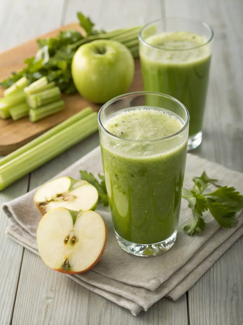 Refreshing celery apple juice made with crisp apples and fresh celery, blended smooth and served chilled for a revitalizing drink.