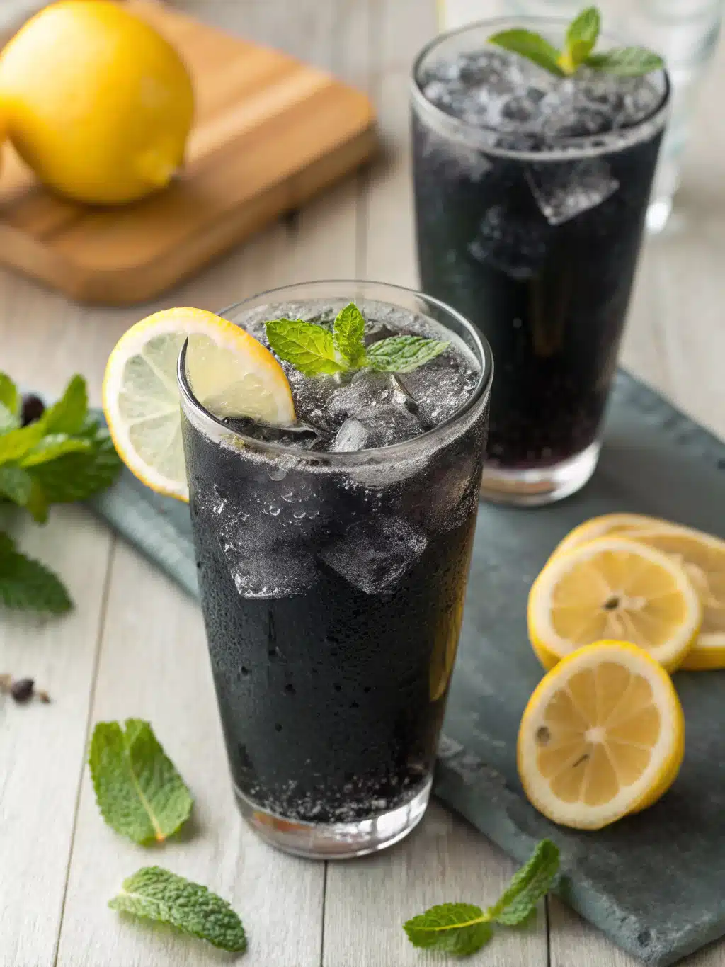 Try this refreshing charcoal lemonade recipe with activated charcoal powder for a detox twist. Served over ice with fresh lemon slices for a crisp, revitalizing drink.