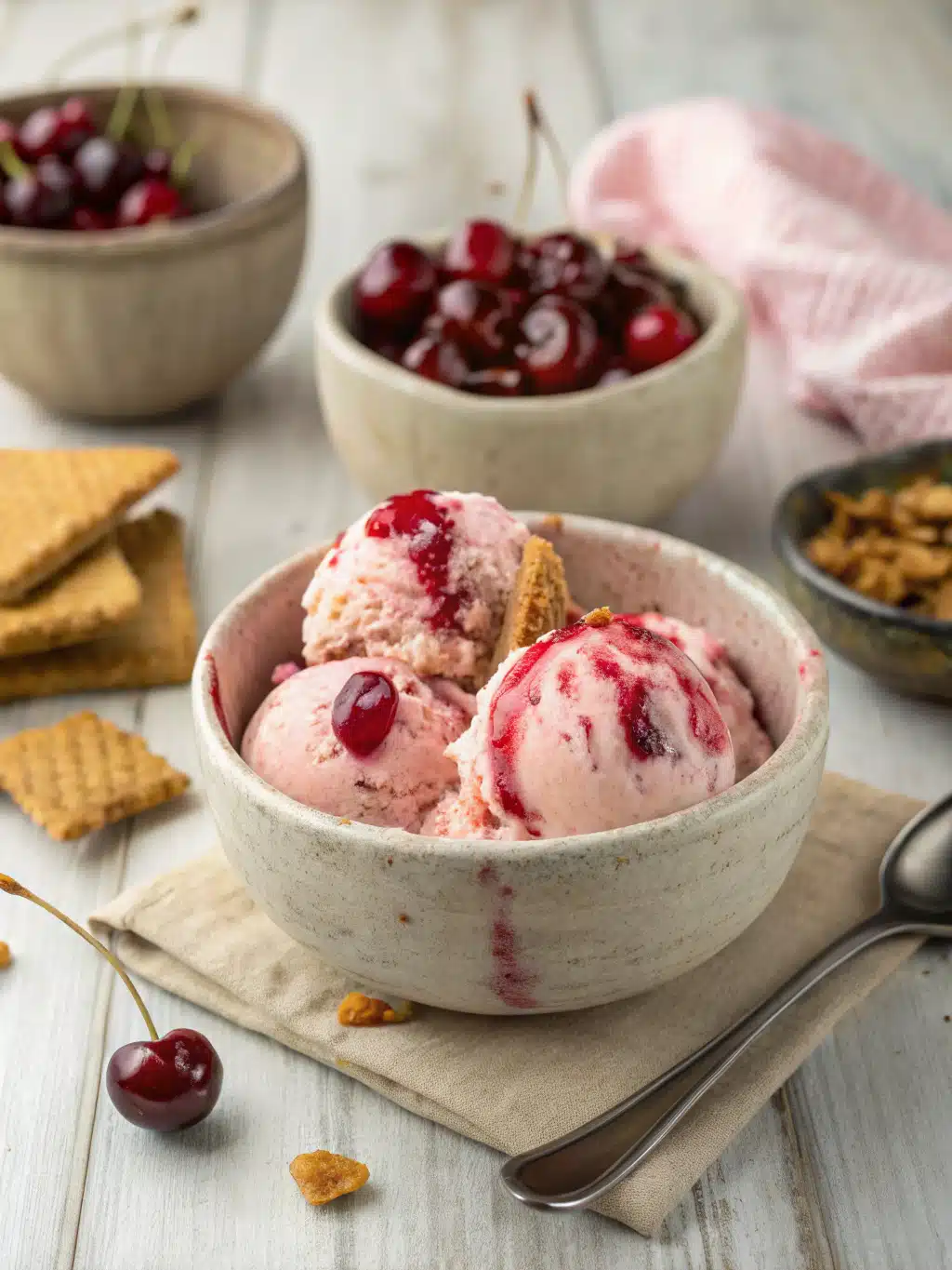 Creamy cherry cheesecake ice cream with fresh cherries and graham cracker crumbs swirls—a no-bake frozen treat perfect for summer.