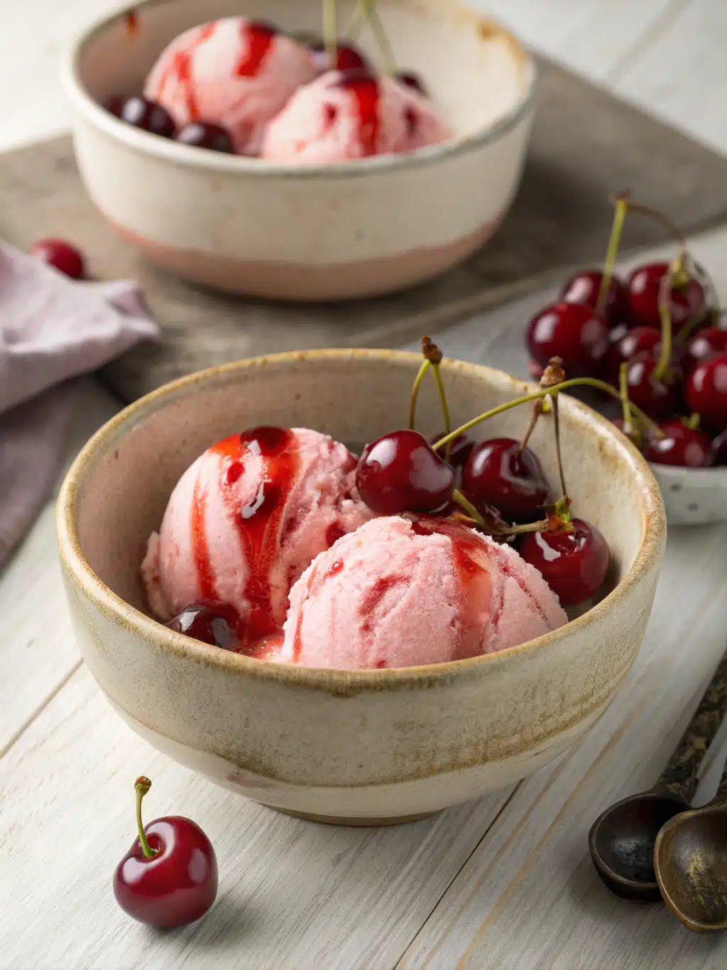 Creamy homemade cherry ice cream with fresh pitted cherries, churned to perfection and served chilled for a refreshing summer treat.