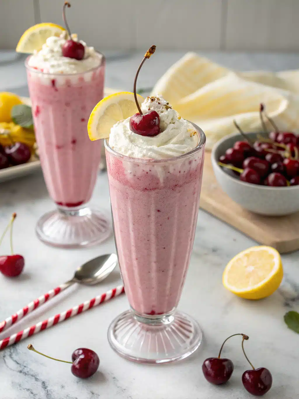 Creamy cherry lemon milkshake blends frozen cherries and zesty lemon juice with vanilla ice cream for a refreshing treat. Serve chilled with whipped cream.