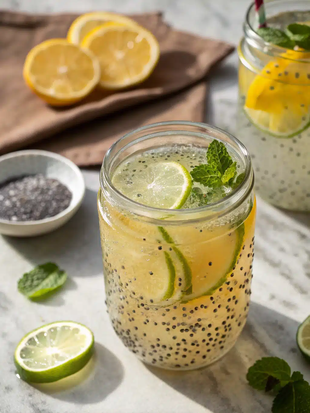 Refreshing chia citrus water with orange and lemon juice, sweetened with honey, served over ice for a hydrating, flavorful drink.