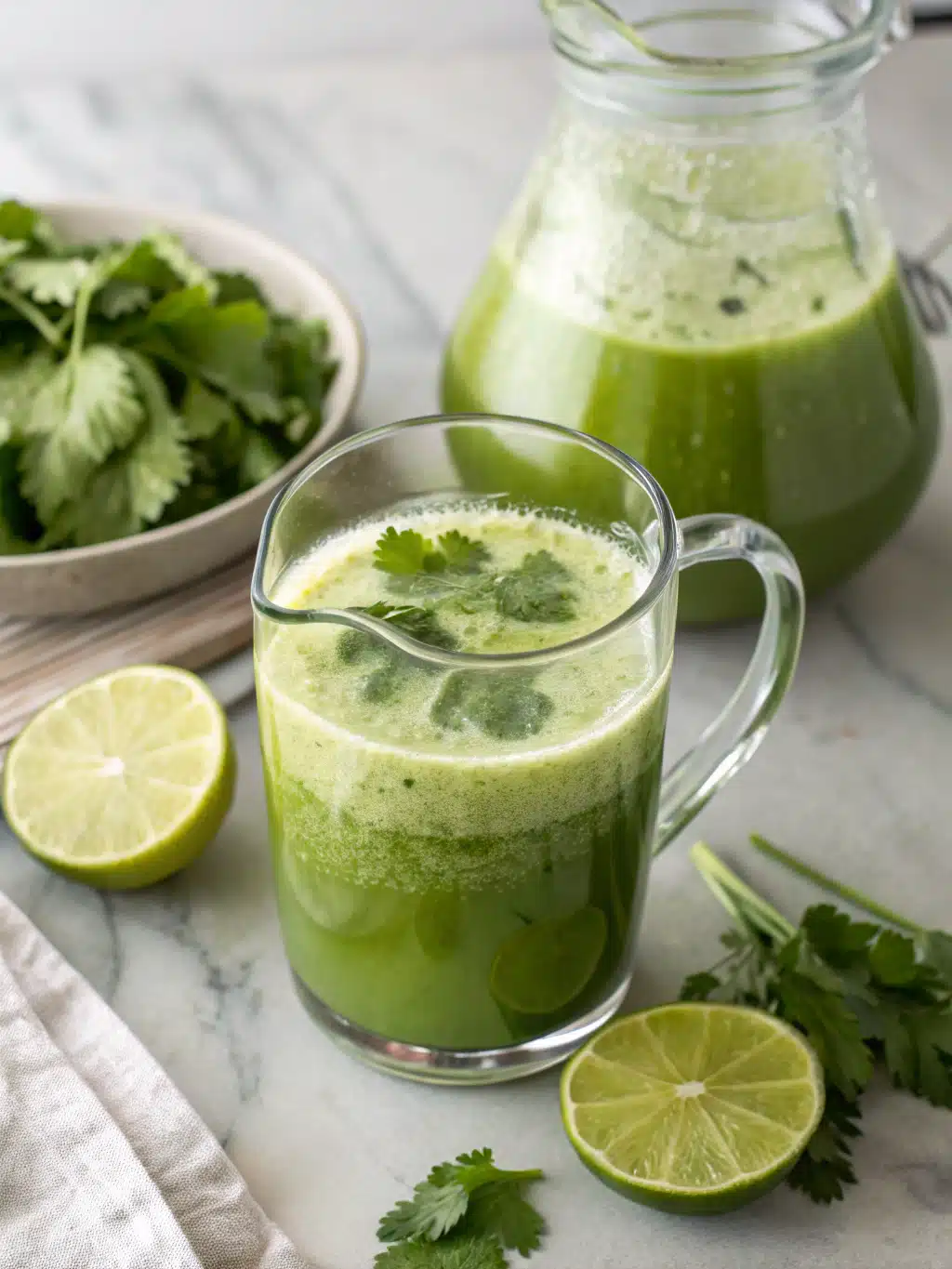 Refreshing cilantro lime juice made with fresh cilantro leaves and zesty lime, served over ice for a cool, vibrant drink. Perfect for summer!