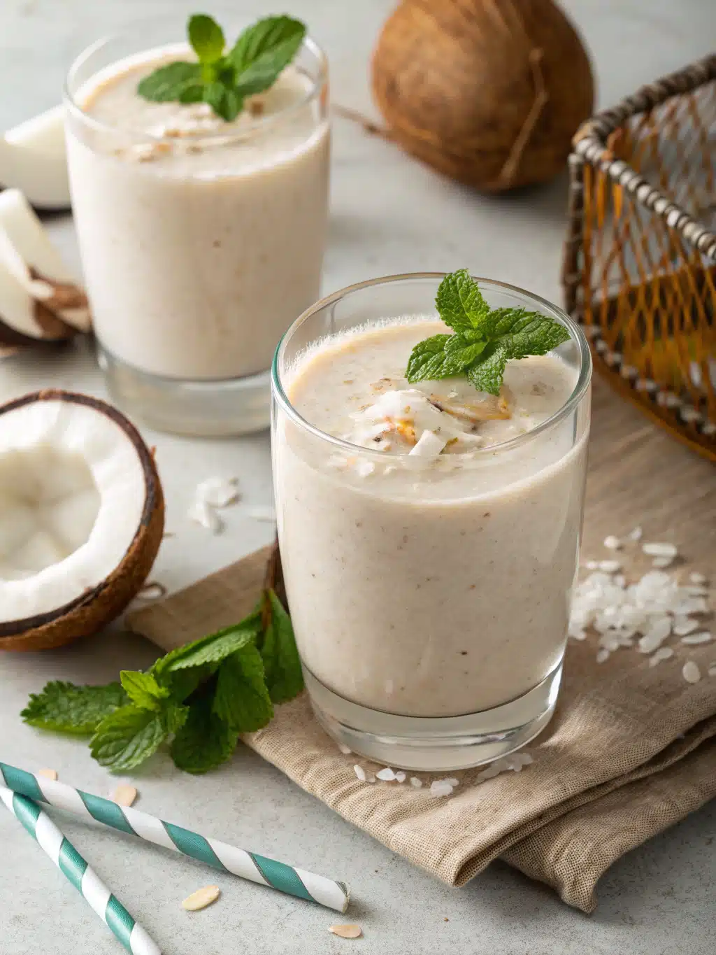 Refreshing coconut water smoothie with banana and tropical fruits, blended with Greek yogurt for a creamy, frothy treat. Serve chilled!