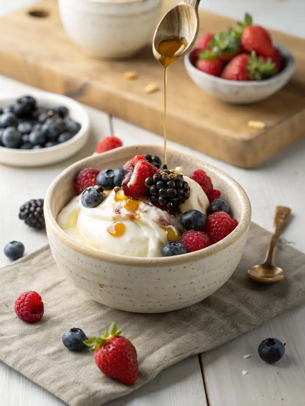 Creamy homemade frozen yogurt recipe with Greek yogurt, churned to perfection and served with fresh fruit for a refreshing treat.