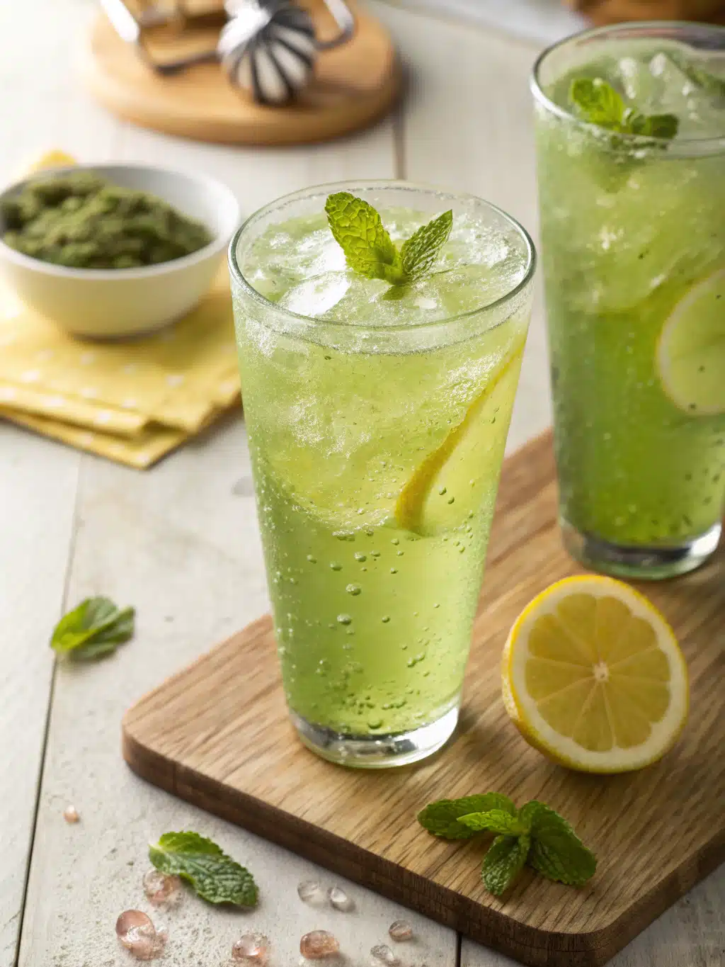 Refreshing green tea lemonade made with freshly squeezed lemon juice and sweetened tea, served over ice with mint garnish. Perfect summer drink!