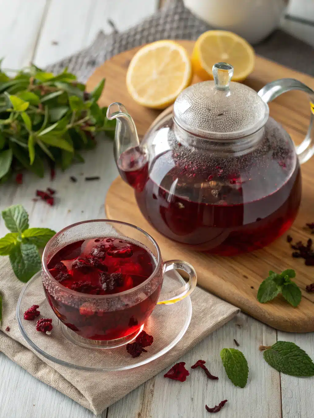 Learn how to make a refreshing hibiscus tea recipe with cinnamon and vanilla, served over ice with fresh mint for a vibrant summer drink.