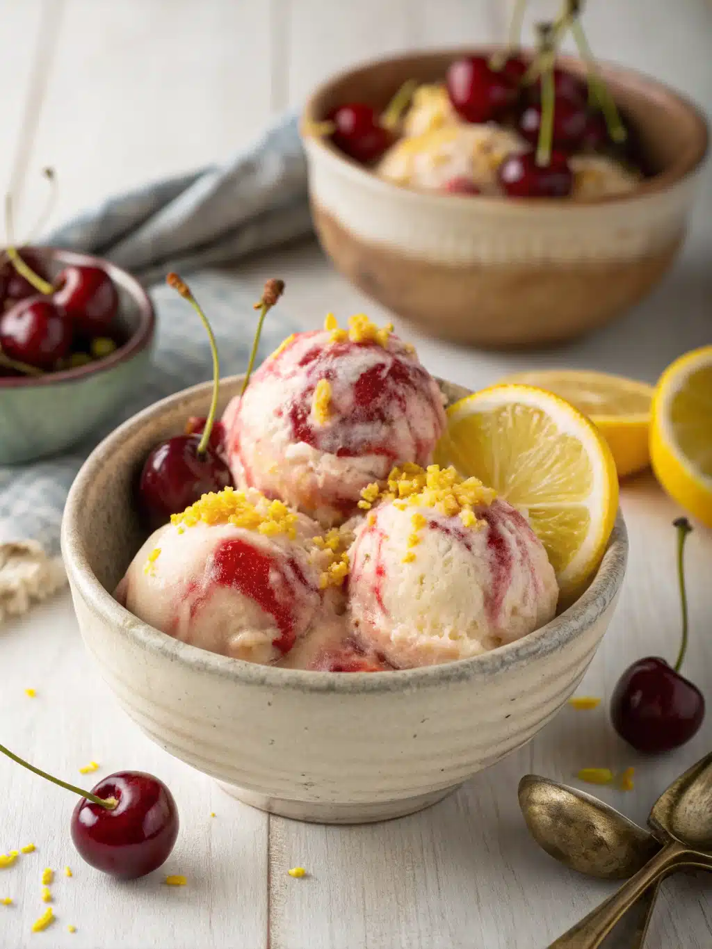 Creamy lemon cherry gelato made with fresh lemon zest and chopped dried cherries, churned to perfection for a refreshing frozen treat.