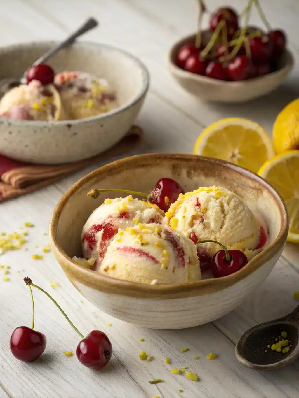 Creamy lemon cherry ice cream with zesty lemon and sweet dried cherries, churned to perfection for a refreshing homemade treat.