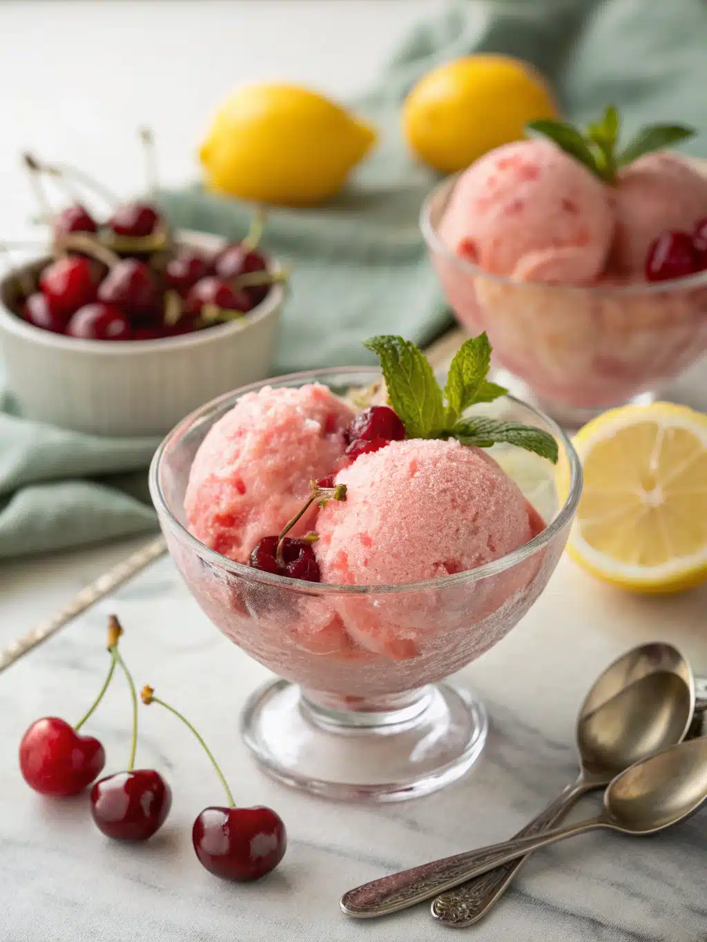 Creamy lemon cherry sorbet made with fresh cherries and zesty lemon juice—a refreshing frozen treat perfect for hot summer days.