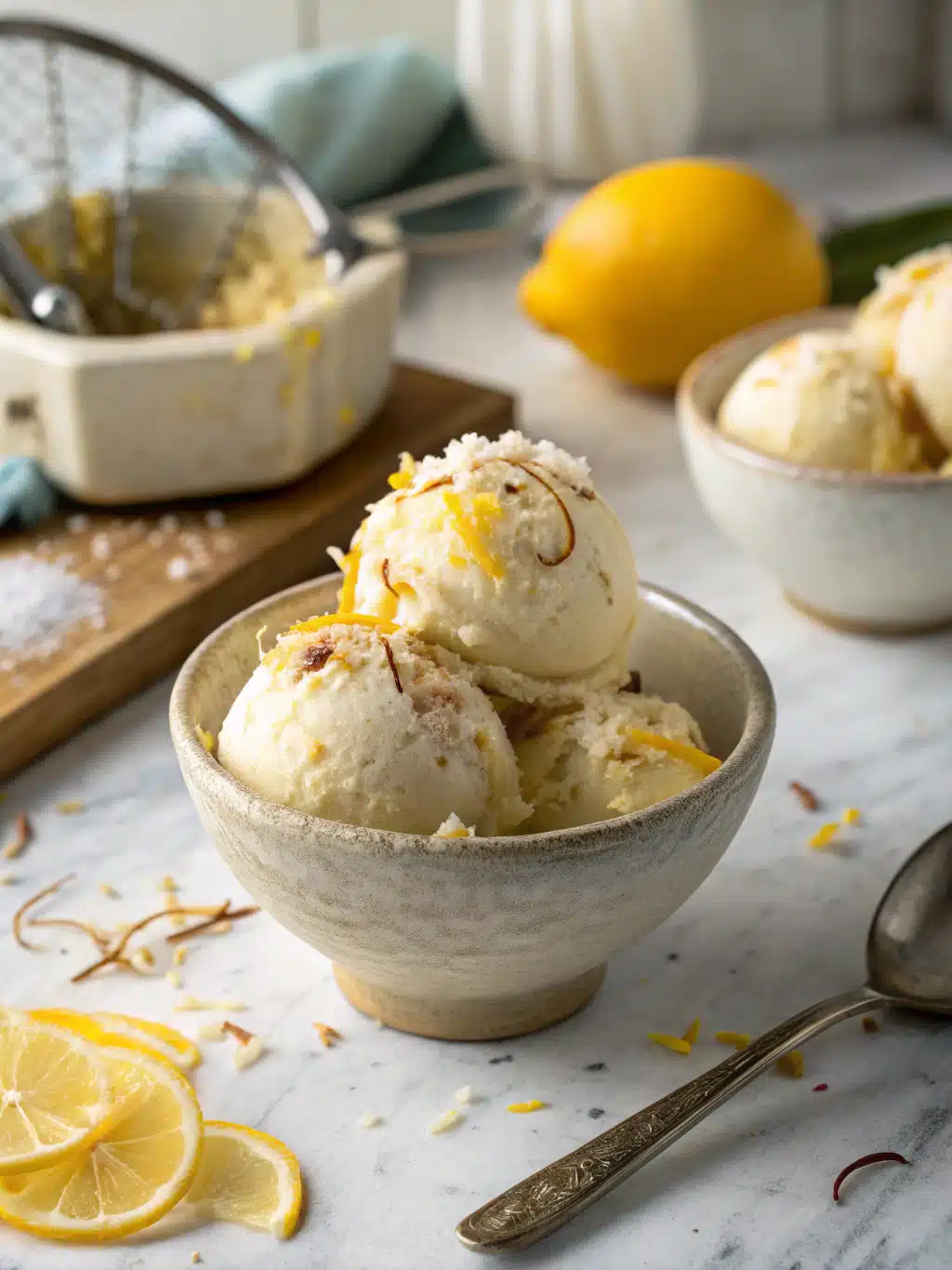 Creamy lemon coconut gelato made with fresh lemon zest and shredded coconut, churned to perfection for a refreshing frozen treat.