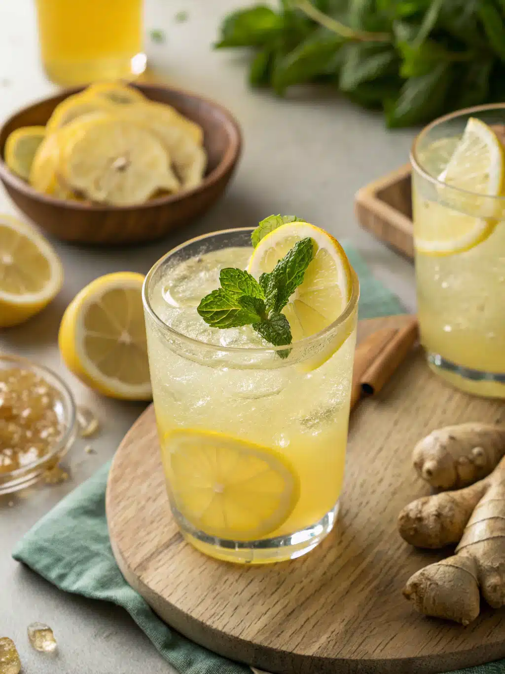 Refreshing lemon ginger tonic made with fresh lemon juice and honey-infused ginger, served over ice for a zesty, invigorating drink.