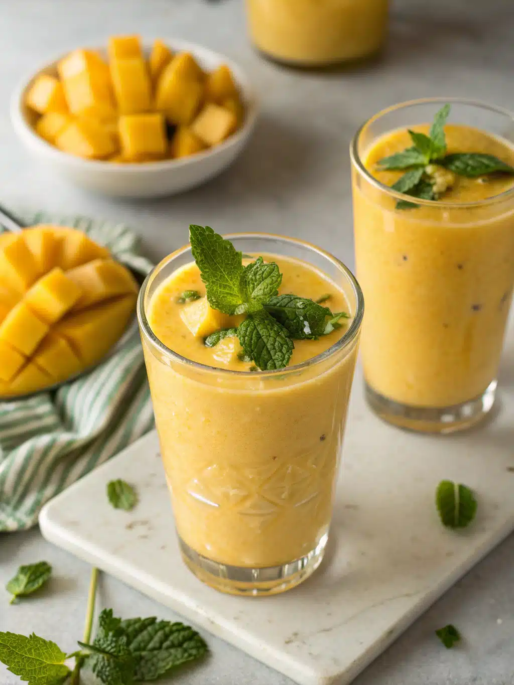 Refreshing mango mint smoothie with frozen mango chunks, Greek yogurt, and fresh mint—blended creamy and served chilled for a perfect summer treat.
