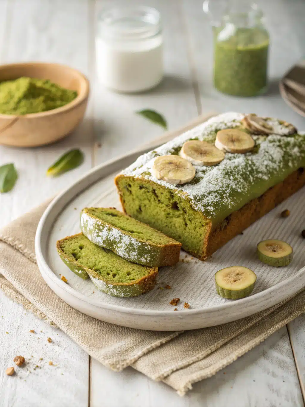 Moist matcha banana bread with ripe bananas and walnuts, perfectly baked for a vibrant green tea twist on classic banana bread.