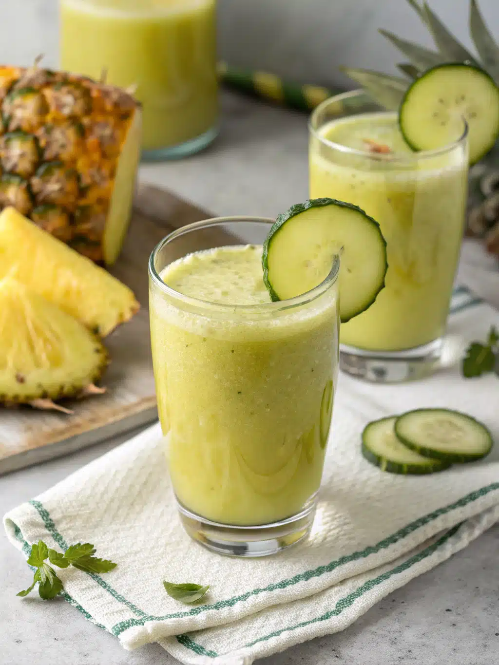 Refreshing pineapple cucumber juice made with fresh pineapple, cucumber, and lime, served chilled over ice for a hydrating summer drink.
