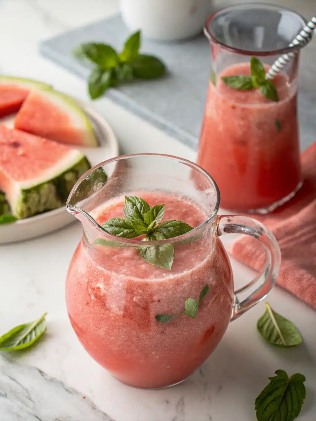 Refreshing watermelon basil juice made with chilled watermelon, lime, and honey. Blend with fresh basil for a vibrant summer drink served over ice.
