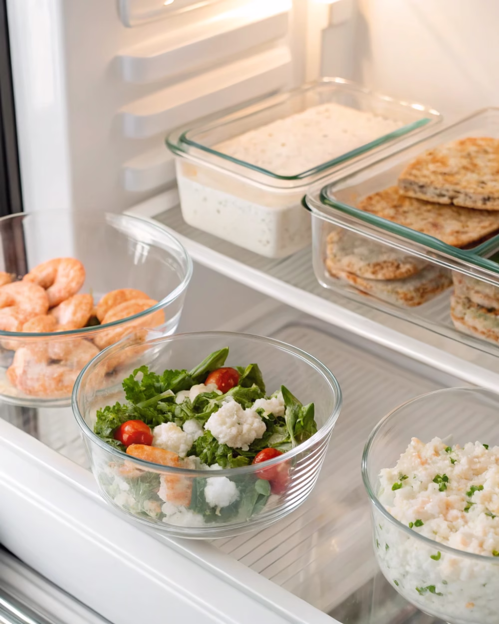 Glass containers of high protein lunches with labels in a clean refrigerator