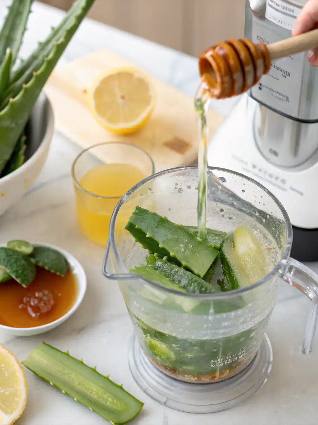 Blending aloe vera juice ingredients until smooth