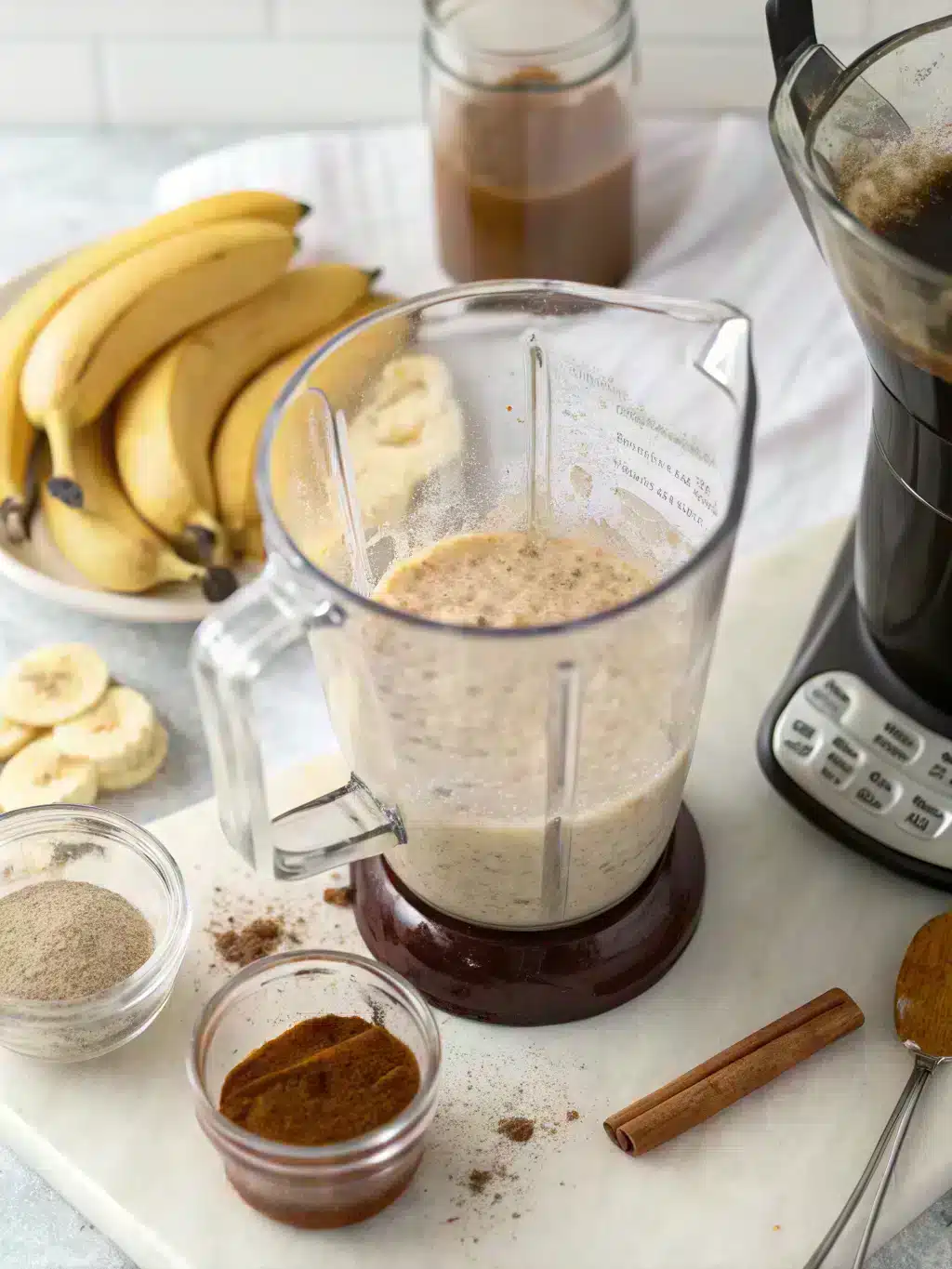 Pouring banana bread latte into a cozy mug