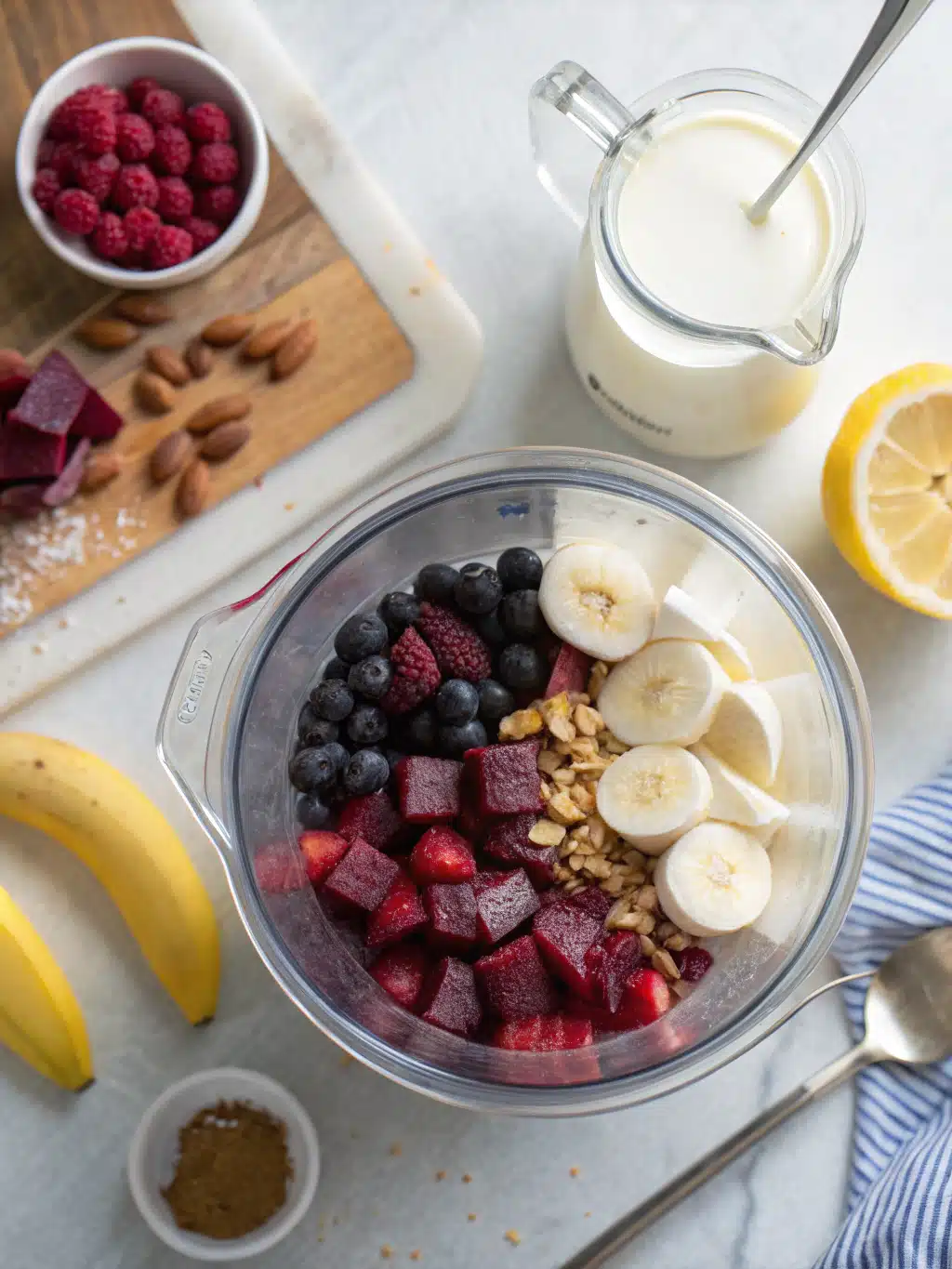 Creamy beet berry smoothie being poured into a glass
