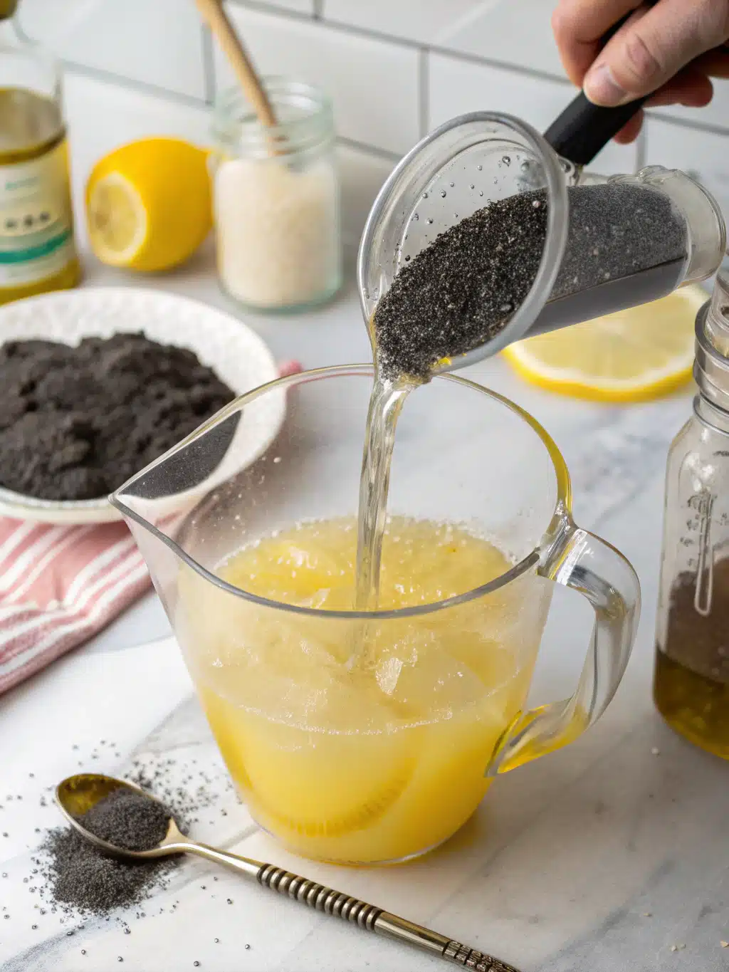 Creating the signature black lemonade color Whisking activated charcoal into lemonade mixture