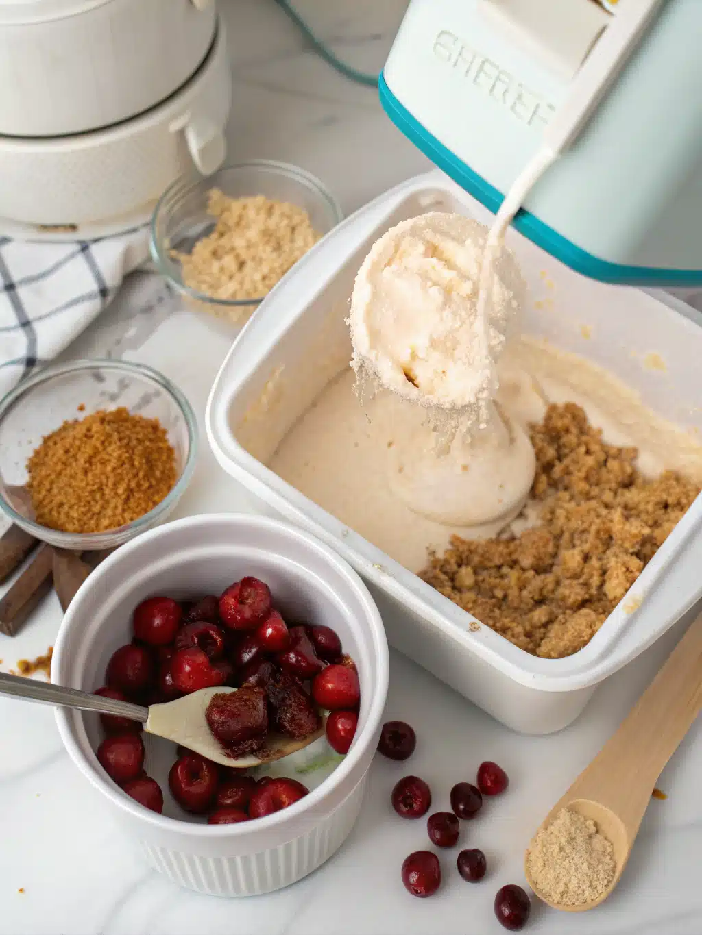 Folding cherries into cherry cheesecake ice cream