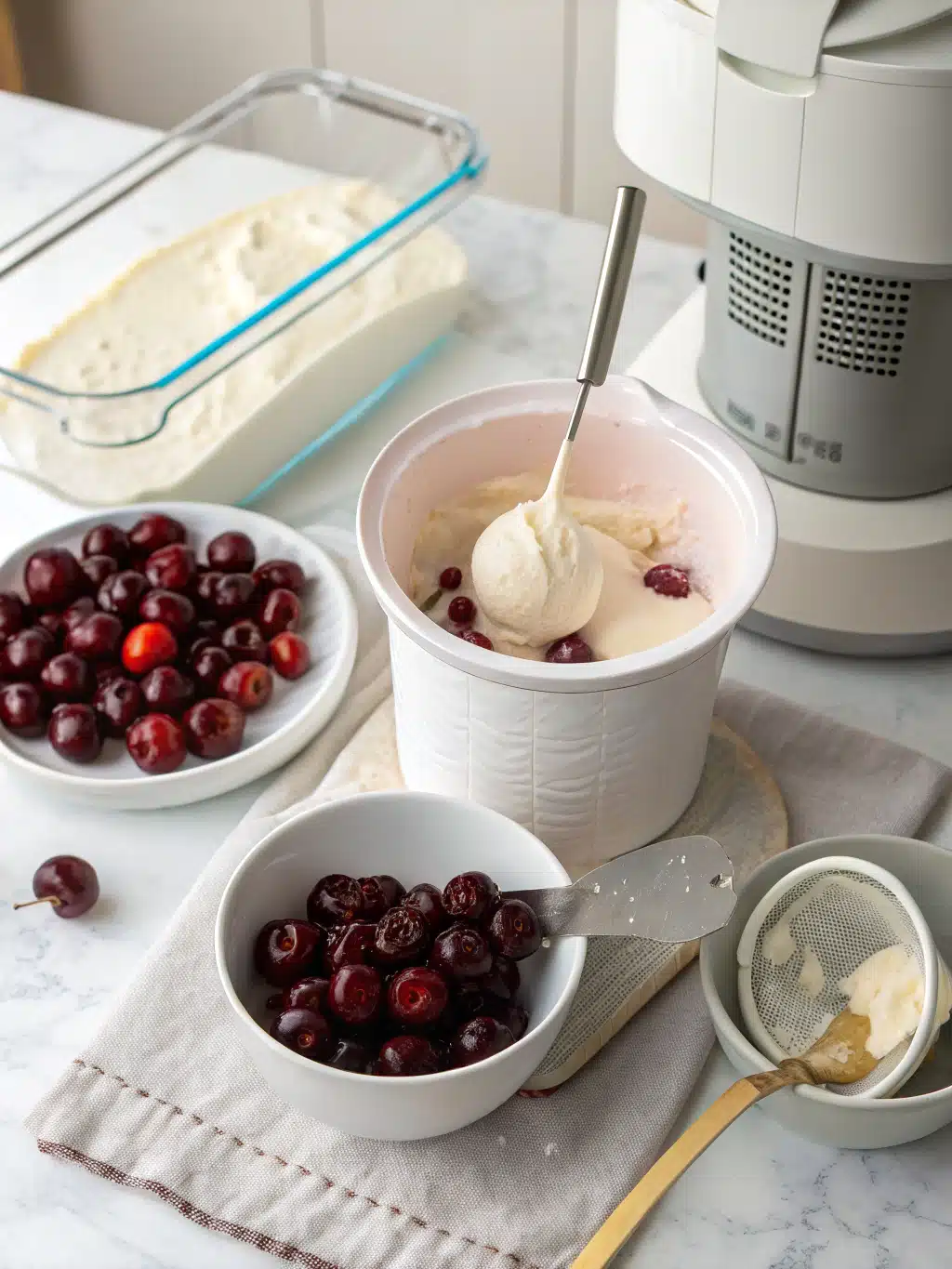 Mashing fresh cherries for homemade ice cream