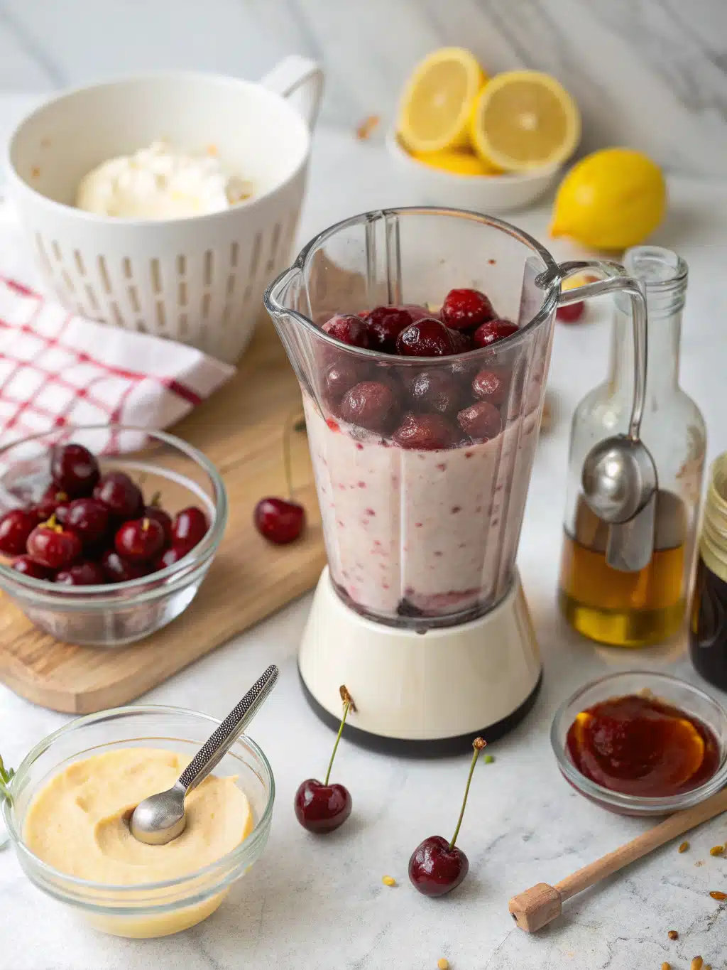 Pouring cherry lemon milkshake into a frosty glass