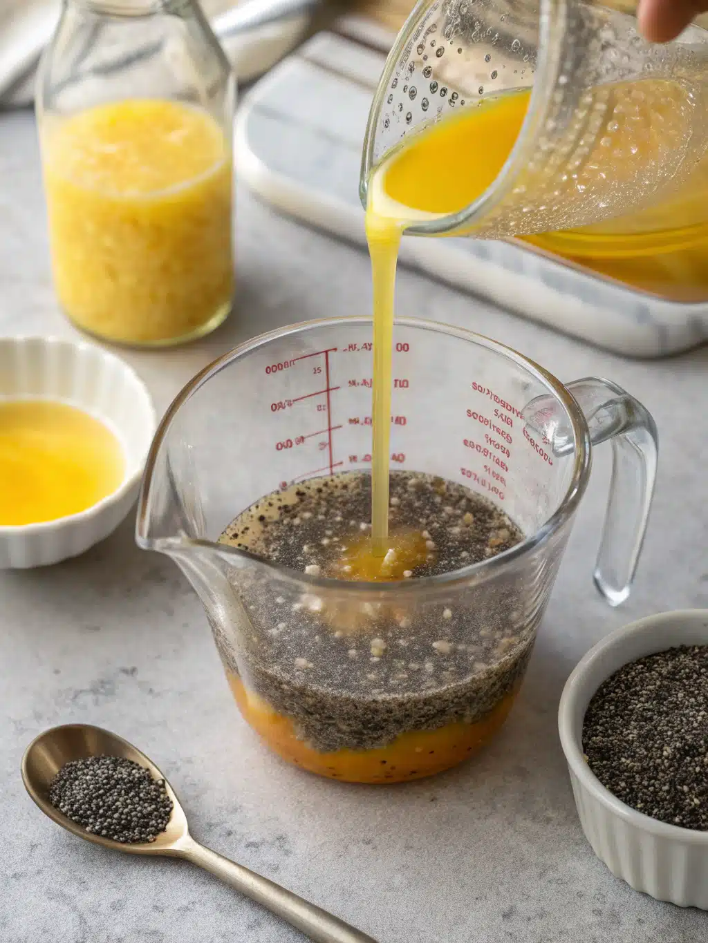 Stirring chilled chia citrus water before serving