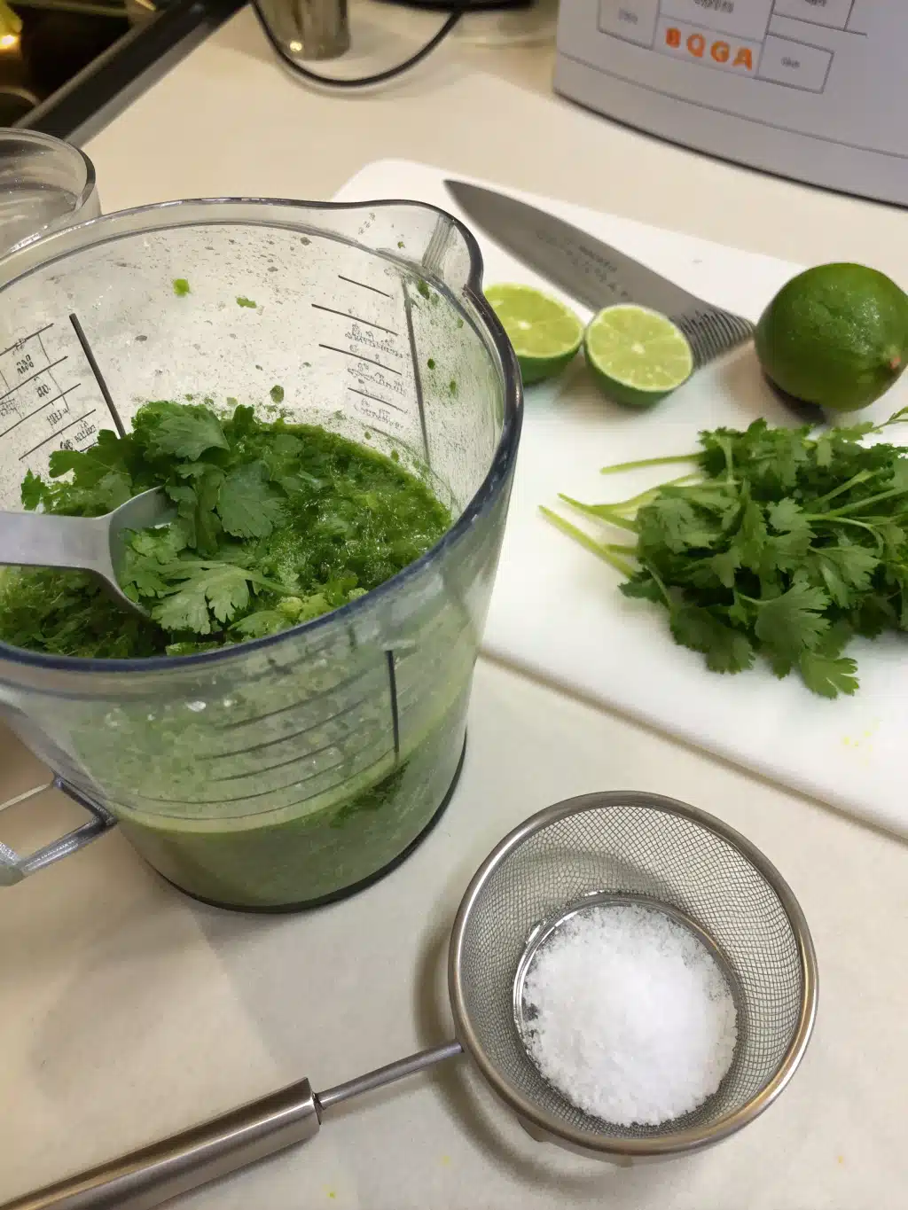 Final mixing before serving Stirring cilantro lime juice in a glass pitcher