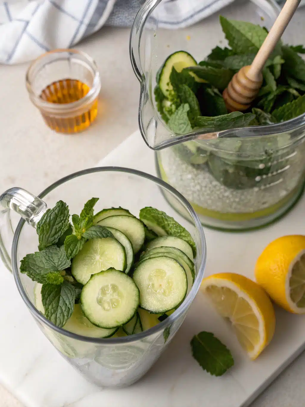 Mixing cucumber mint water ingredients in a pitcher
