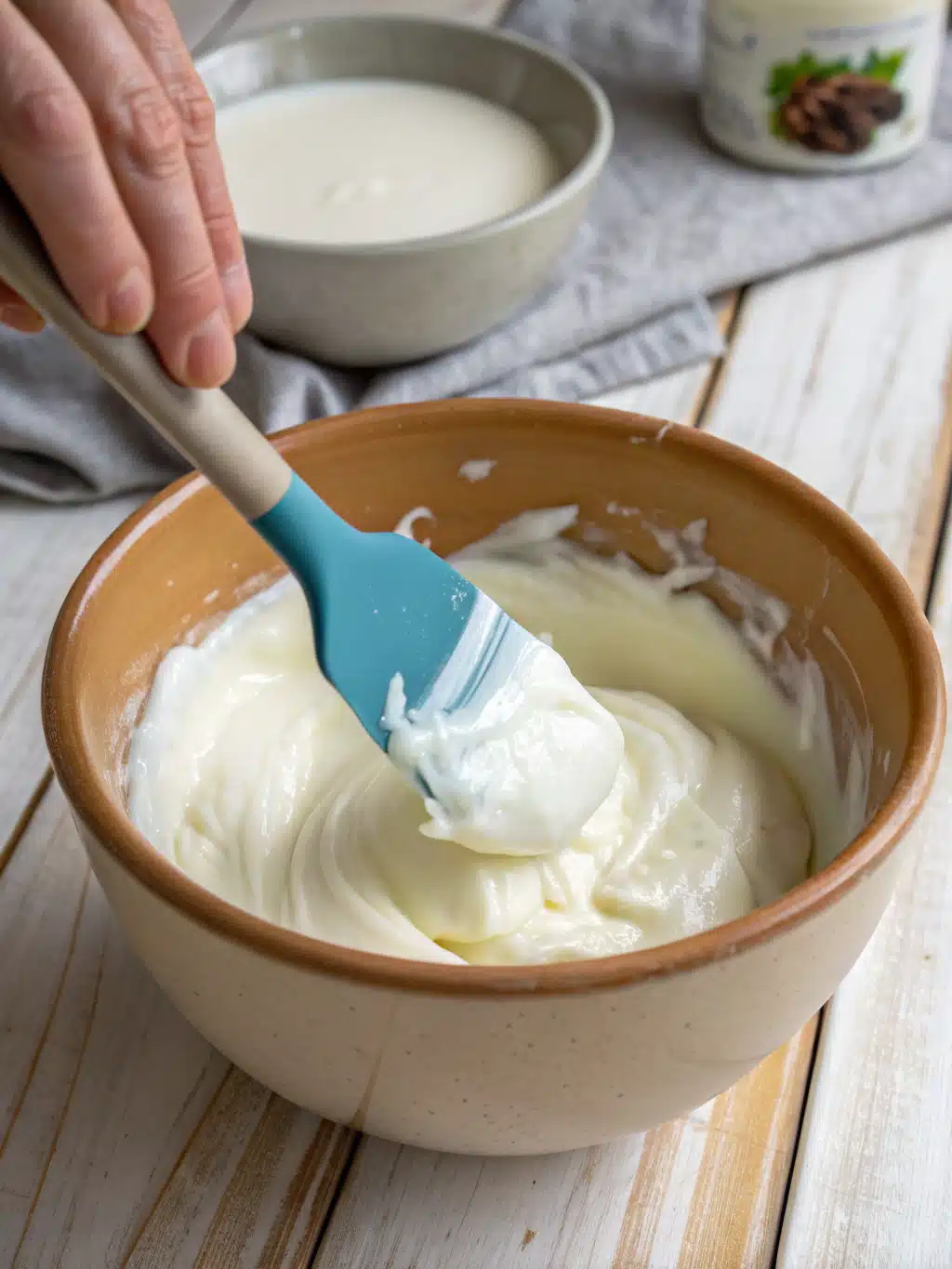 Ice cream maker churning creamy frozen yogurt mixture