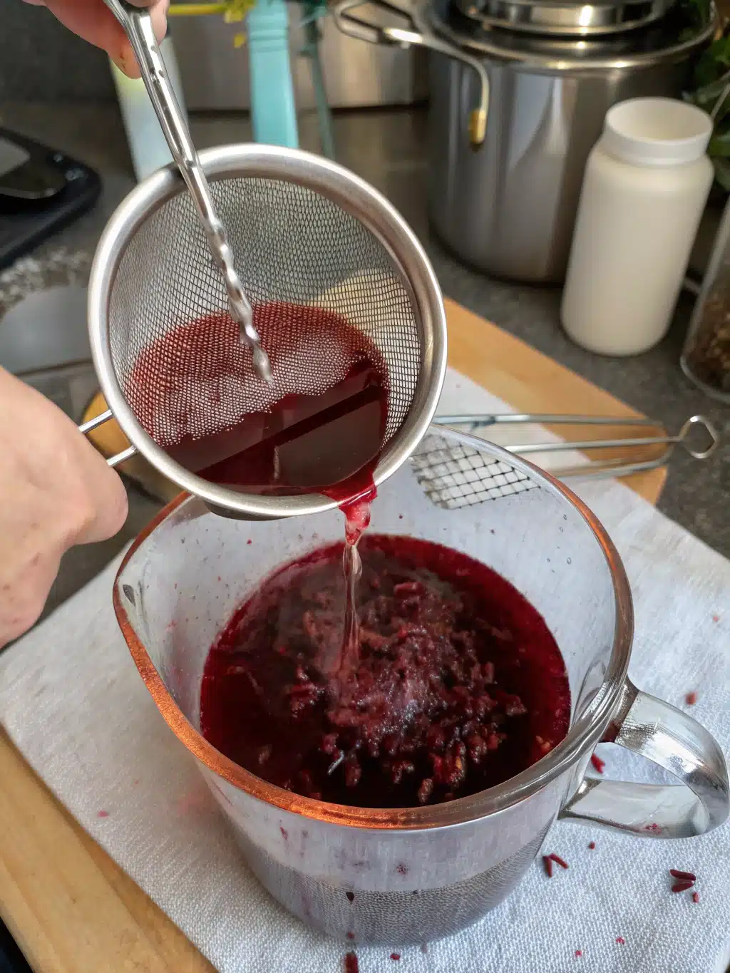 Straining hibiscus tea into glass pitcher for hibiscus tea recipe