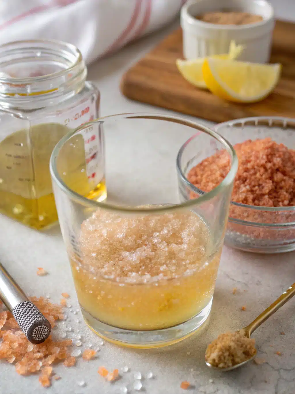 Straining Himalayan salt drink into a glass for clarity