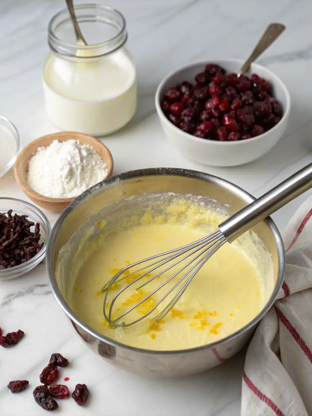 Mixing cherries into lemon gelato Folding dried cherries into churned gelato