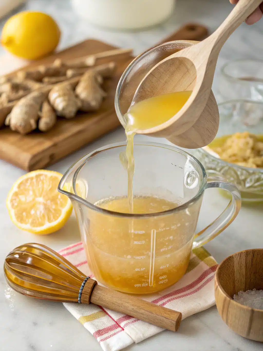 Mixing lemon juice with ginger syrup for refreshing drink