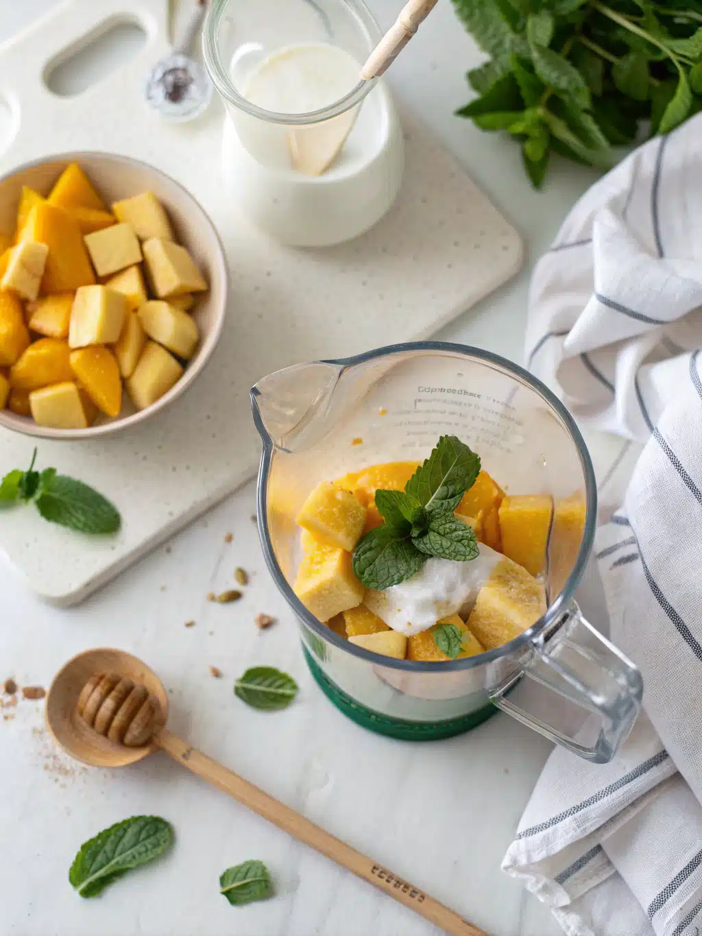 Adjusting sweetness of mango mint drink with honey