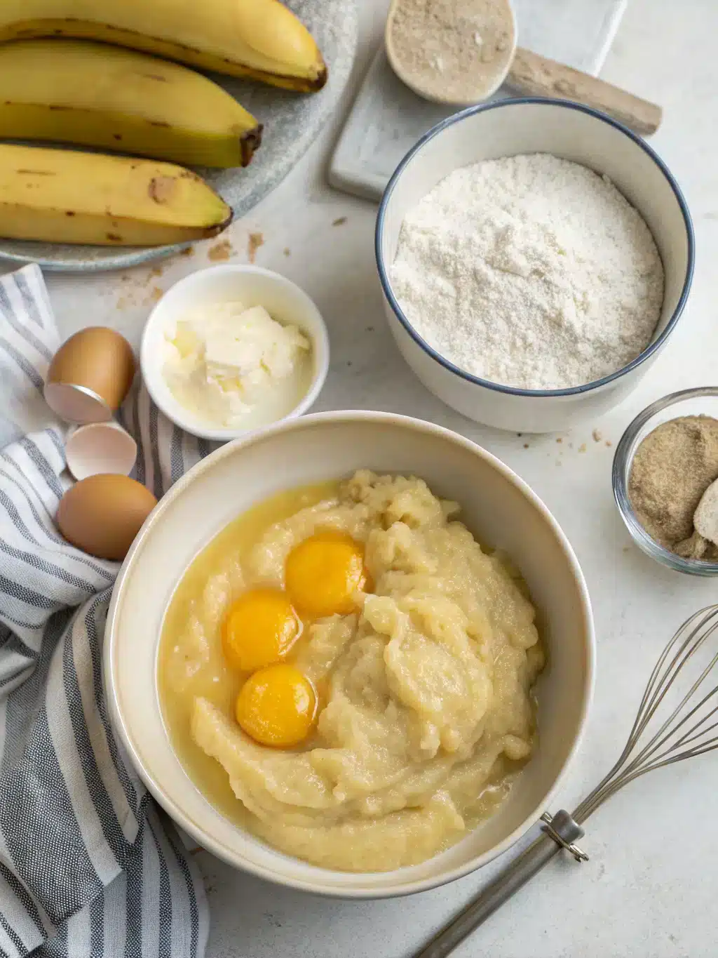 Folding matcha banana bread batter with a spatula
