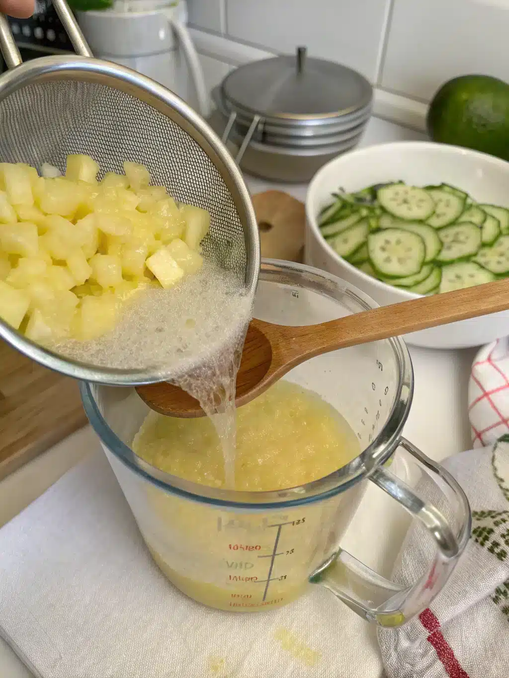 Chilled and ready to serve Pitcher of chilled pineapple cucumber juice