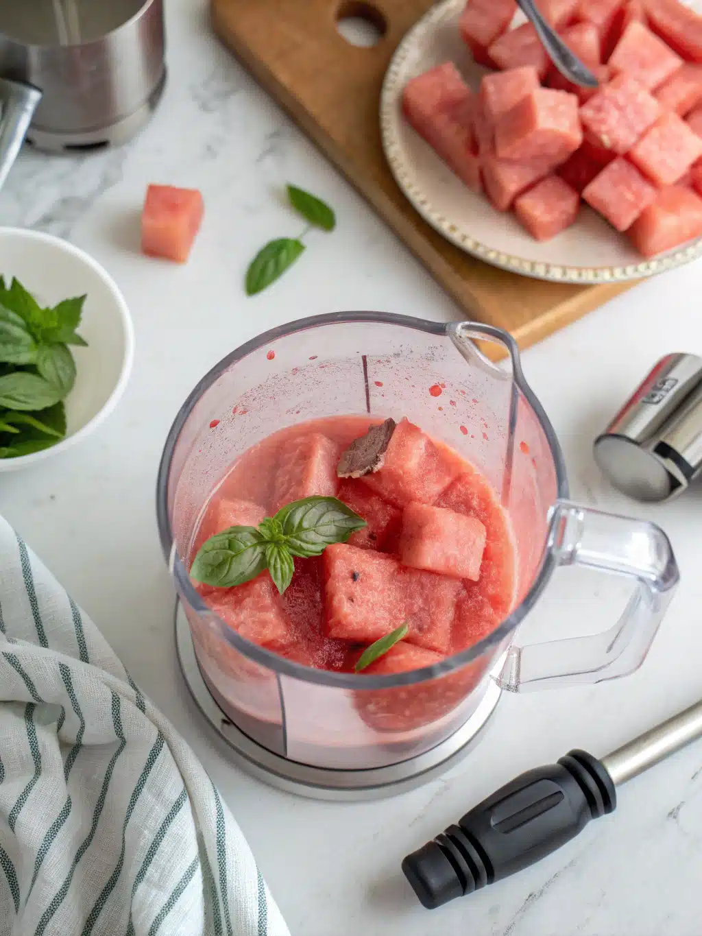 Straining watermelon basil juice for a smooth finish