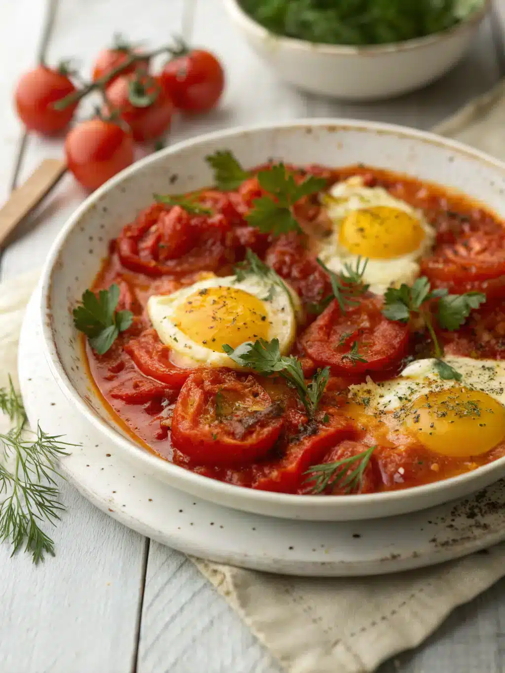 Greek tomato eggs feature eggs poached in a spiced tomato sauce with feta, served with crusty bread for a Mediterranean-inspired breakfast.