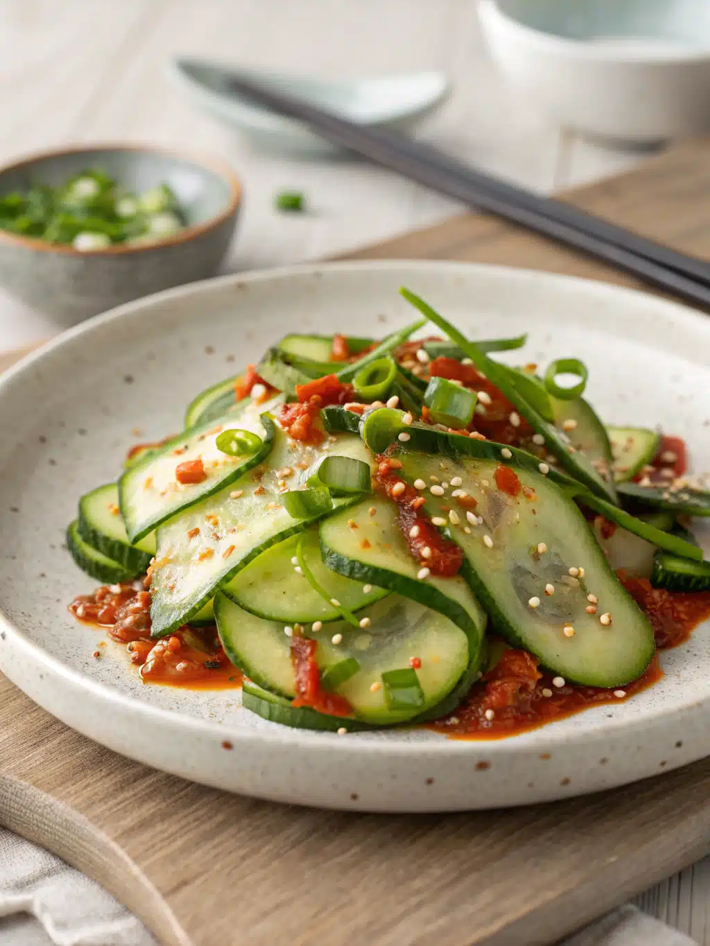 Crisp English cucumbers tossed in a spicy-sweet gochugaru dressing make this Korean cucumber salad a refreshing side dish or banchan.