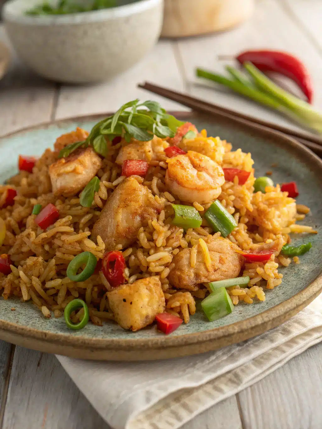 Vibrant bowl of bang bang fried rice with crispy edges and colorful veggies