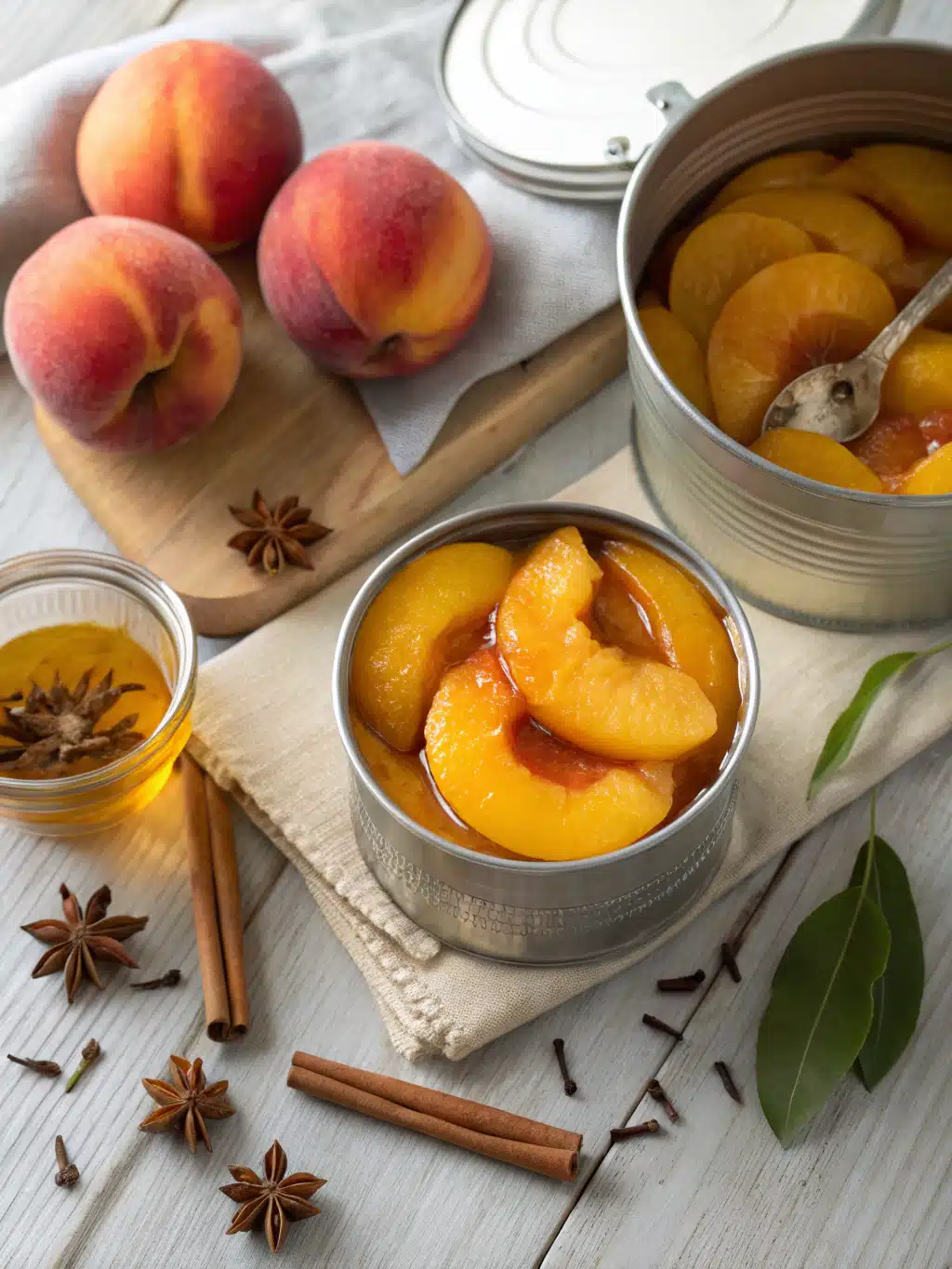 Learn how to make sweet and tangy canned spiced peaches with fresh peaches, cinnamon, and cloves. Perfect chilled over ice cream or yogurt.
