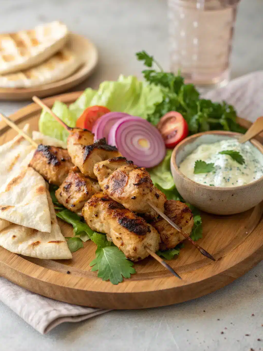 Juicy chicken souvlaki recipe with tender thighs marinated in lemon and garlic, grilled to perfection with bell peppers and onions on skewers.