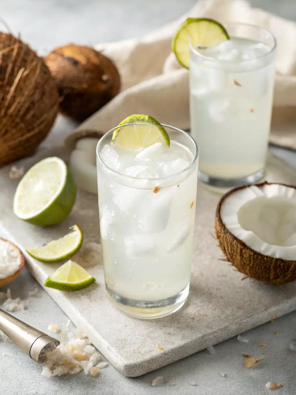 Refreshing coconut water recipe with lime, honey, and cinnamon—a hydrating drink served chilled for a tropical twist. Perfect for hot days!