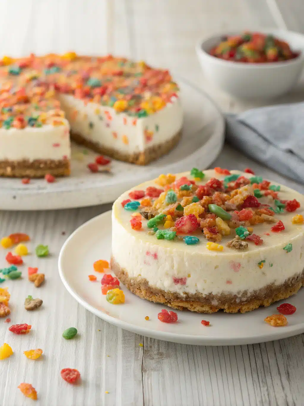 Indulge in a creamy fruity pebbles cheesecake with a graham cracker crust, topped with whipped cream and colorful cereal for a fun dessert.
