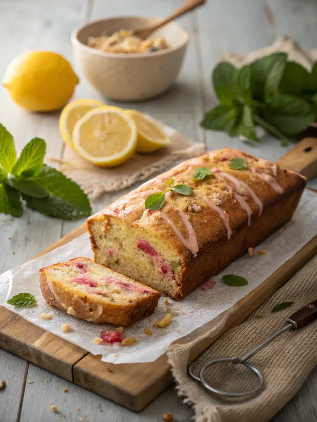 Moist lemon rhubarb loaf bursting with tangy rhubarb and zesty lemon, perfect for afternoon tea or a sweet breakfast treat.