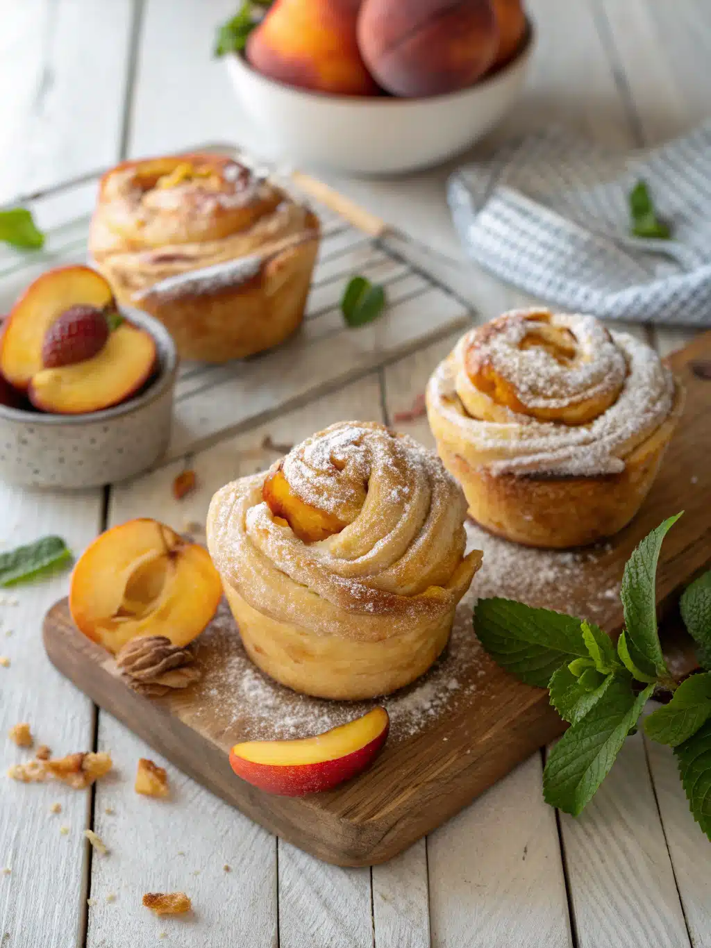 Flaky peach pie cruffins filled with spiced peach filling and drizzled with vanilla cream—perfect served warm for a sweet breakfast or dessert.