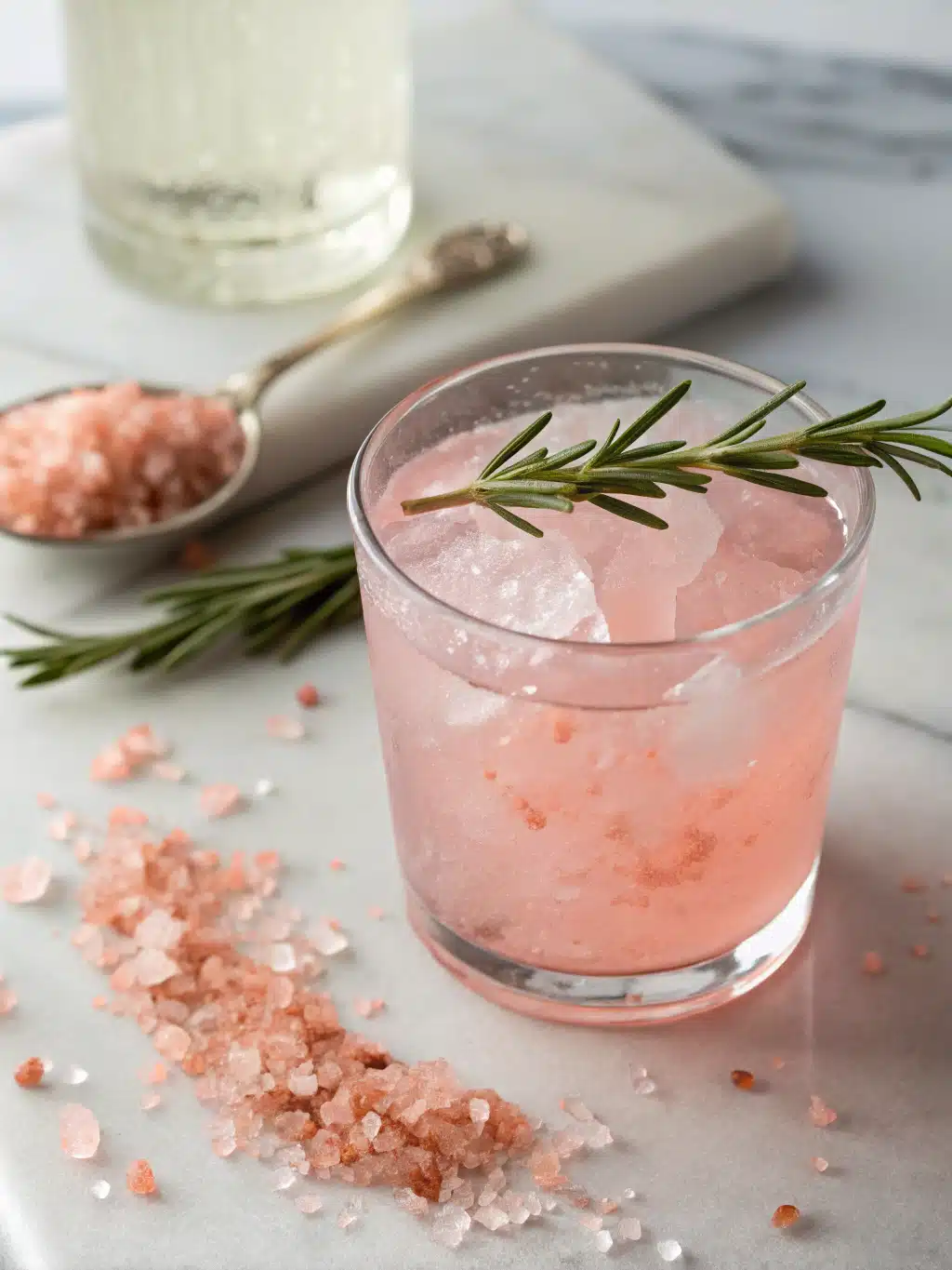 Refreshing pink salt drink with lemon and ginger in a glass